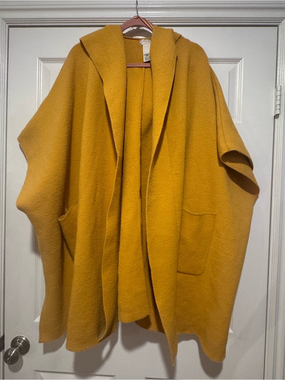 Free People Cozy Hooded Wool-Blend Poncho Sweater in Mustard Yellow O/S